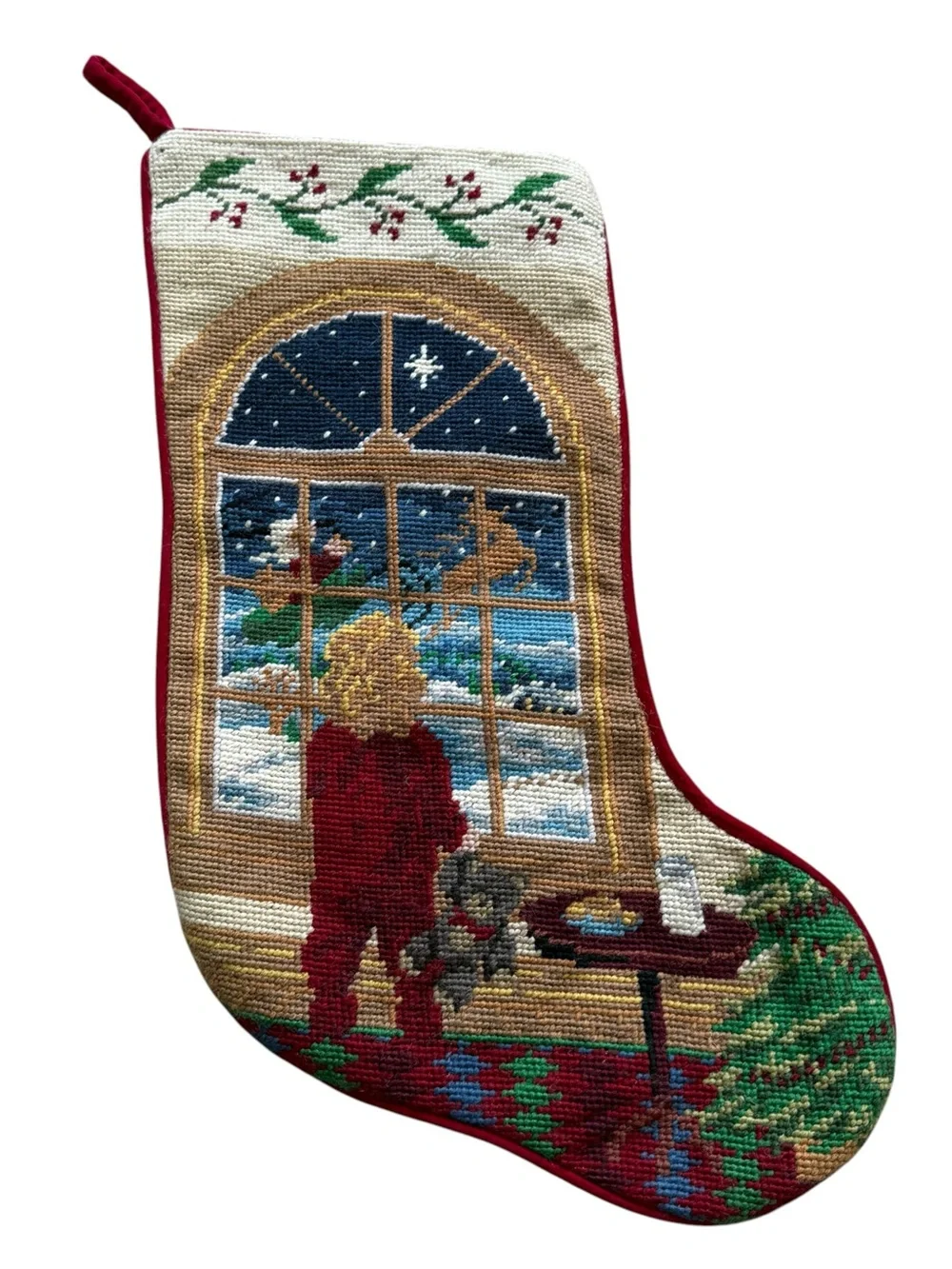 Vintage Wool Needlepoint Christmas Stocking Santa Reindeer Grandmillennial Decor